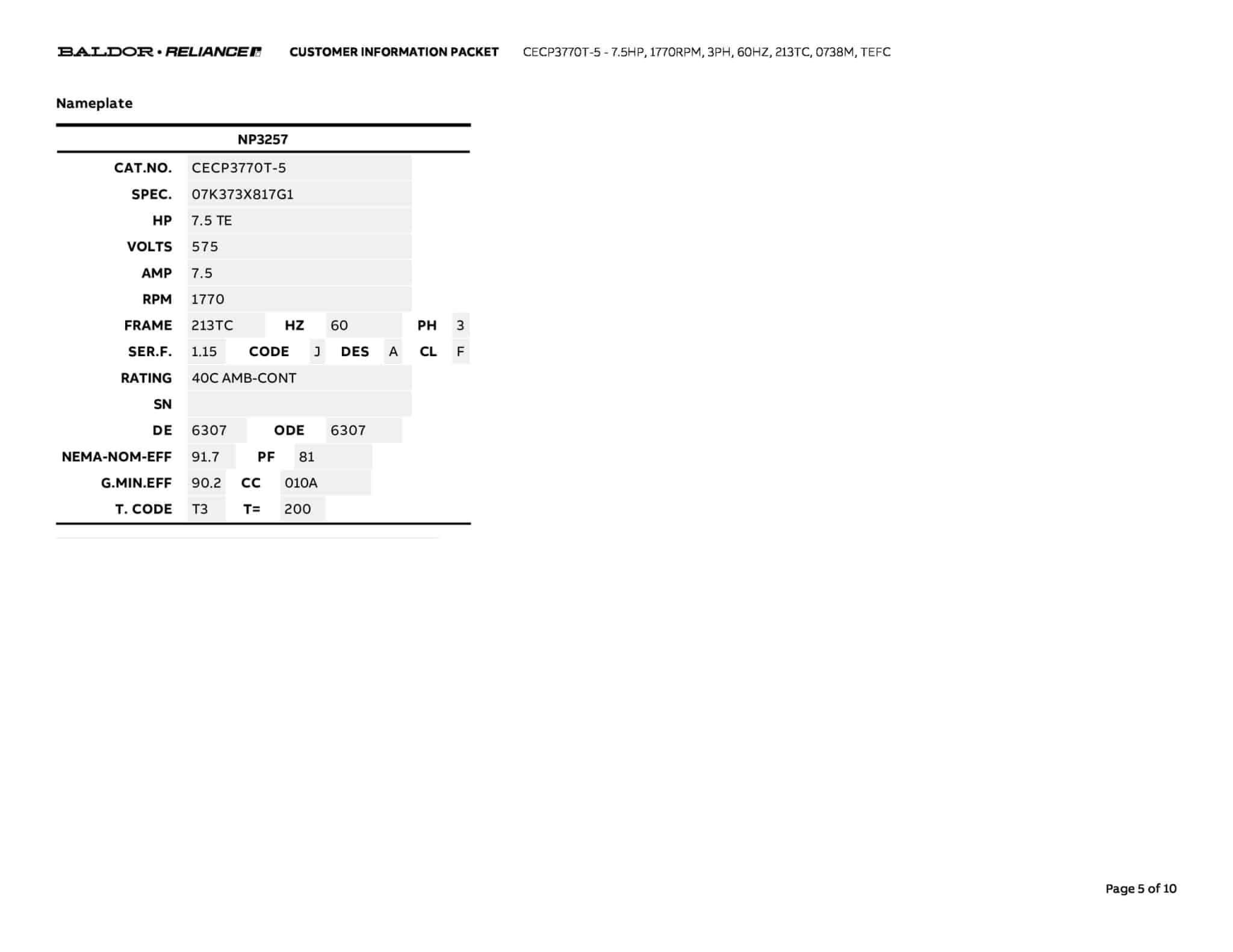 Baldor 7.5 HP, 1770 RPM, 3 Phase, 60 Hz, 213TC, 0738M, TEFC - CECP3770T-5 (575 VAC Only) - Image 8