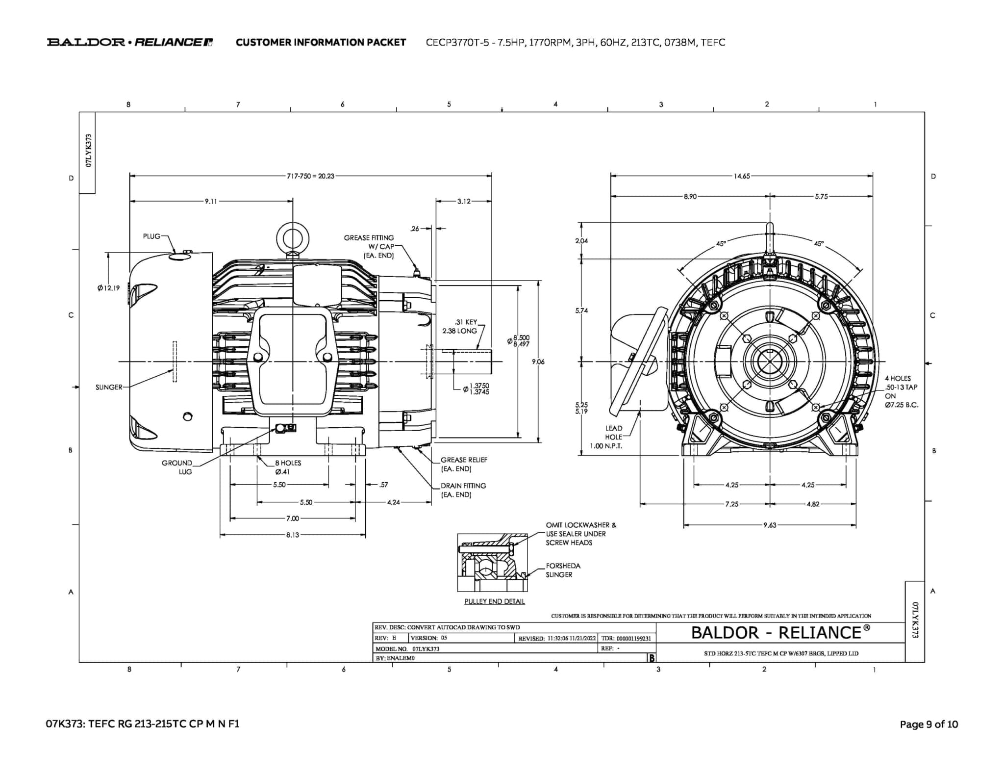 Baldor 7.5 HP, 1770 RPM, 3 Phase, 60 Hz, 213TC, 0738M, TEFC - CECP3770T-5 (575 VAC Only) - Image 12