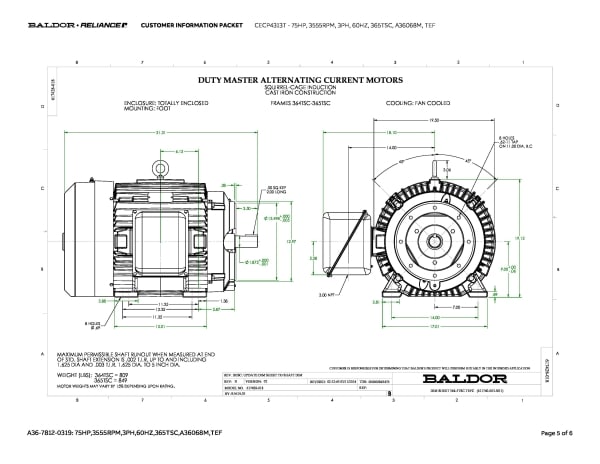 Baldor 75 HP, 3555 RPM, 3 Phase, 60 Hz, 365TSC, A36068M, TEF - CECP4313T - Image 8