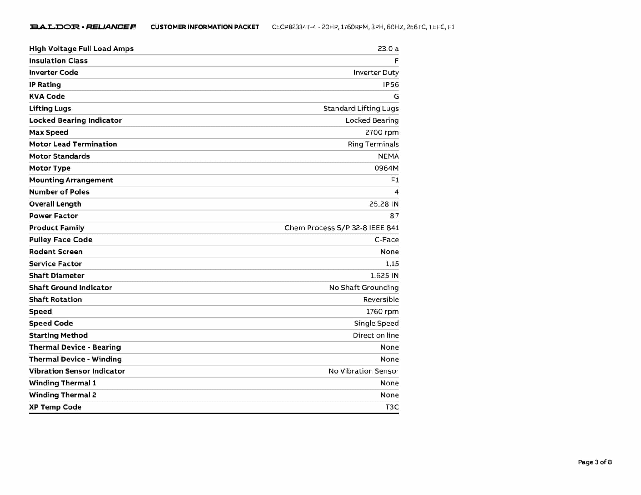Baldor 20 HP, 1760 RPM, 3 Phase, 60 Hz, 256TC, TEFC, F1 - CECP82334T-4 - Image 6