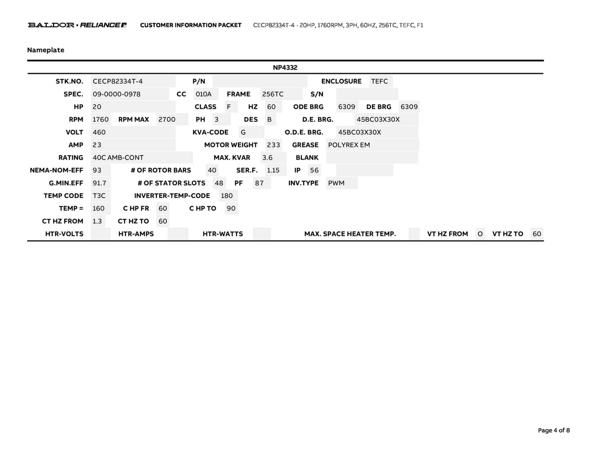 Baldor 20 HP, 1760 RPM, 3 Phase, 60 Hz, 256TC, TEFC, F1 - CECP82334T-4 - Image 7