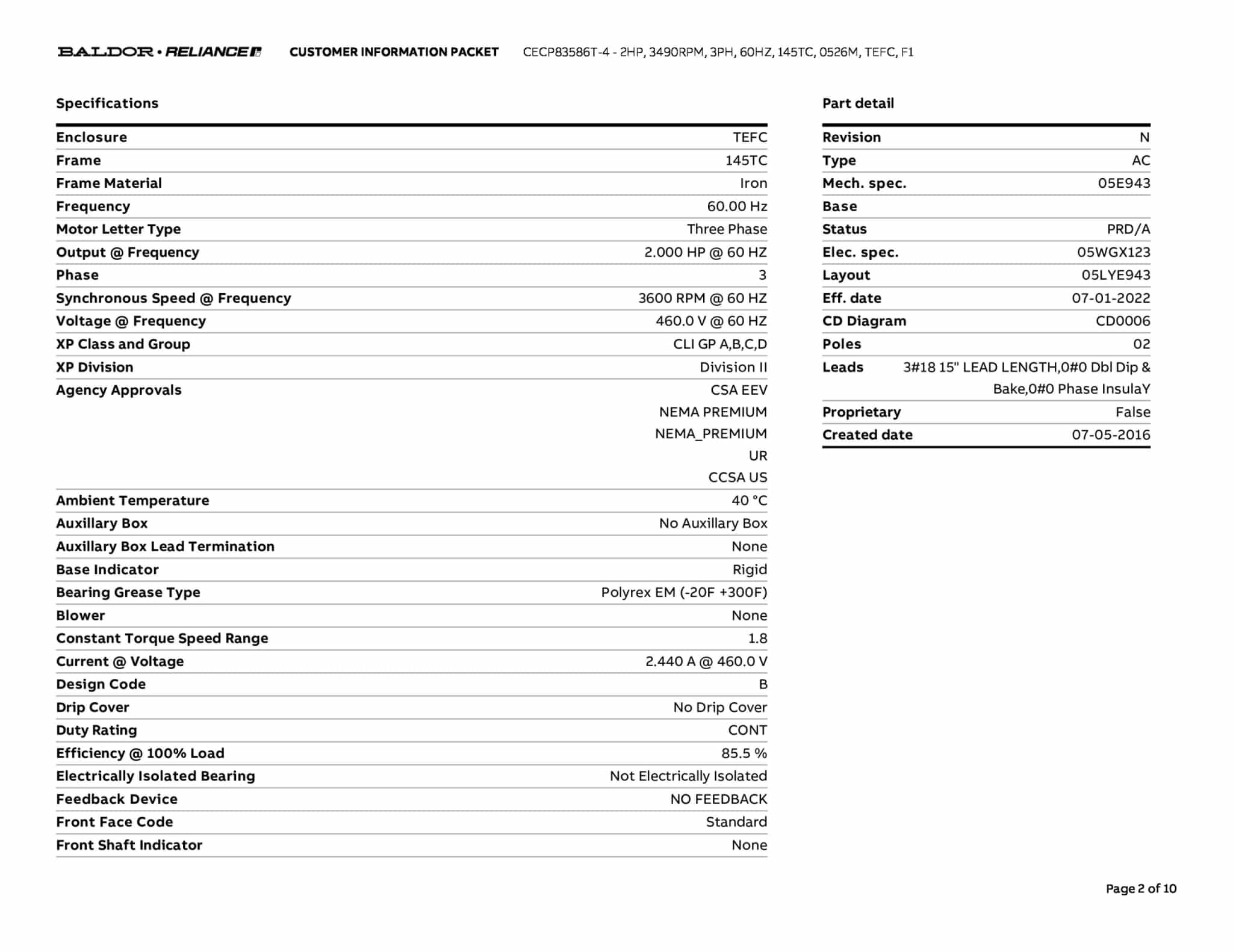 Baldor 2 HP, 3490 RPM, 3 Phase, 60 Hz, 145TC, 0526M, TEFC, F1 - CECP83586T-4 - Image 5