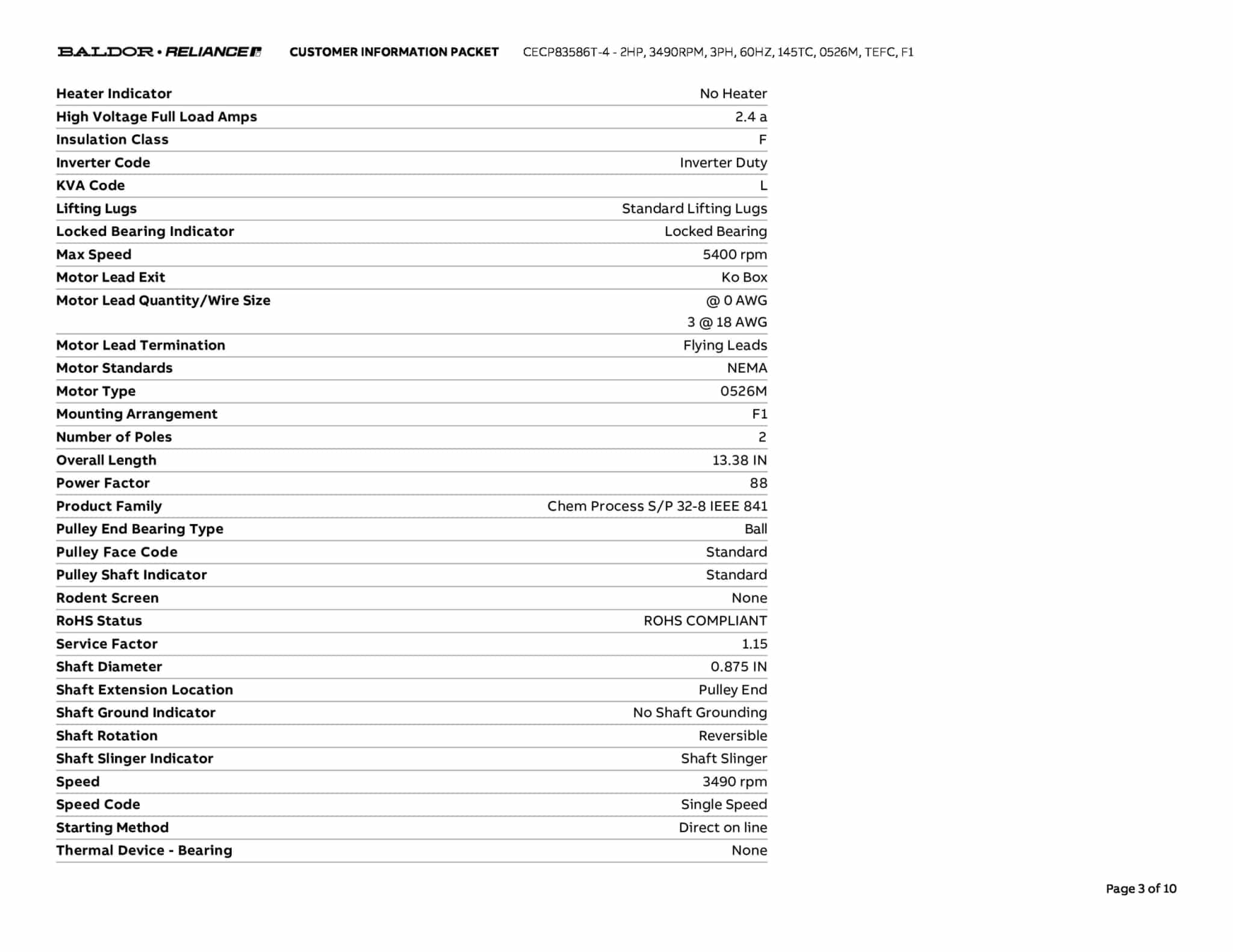 Baldor 2 HP, 3490 RPM, 3 Phase, 60 Hz, 145TC, 0526M, TEFC, F1 - CECP83586T-4 - Image 6