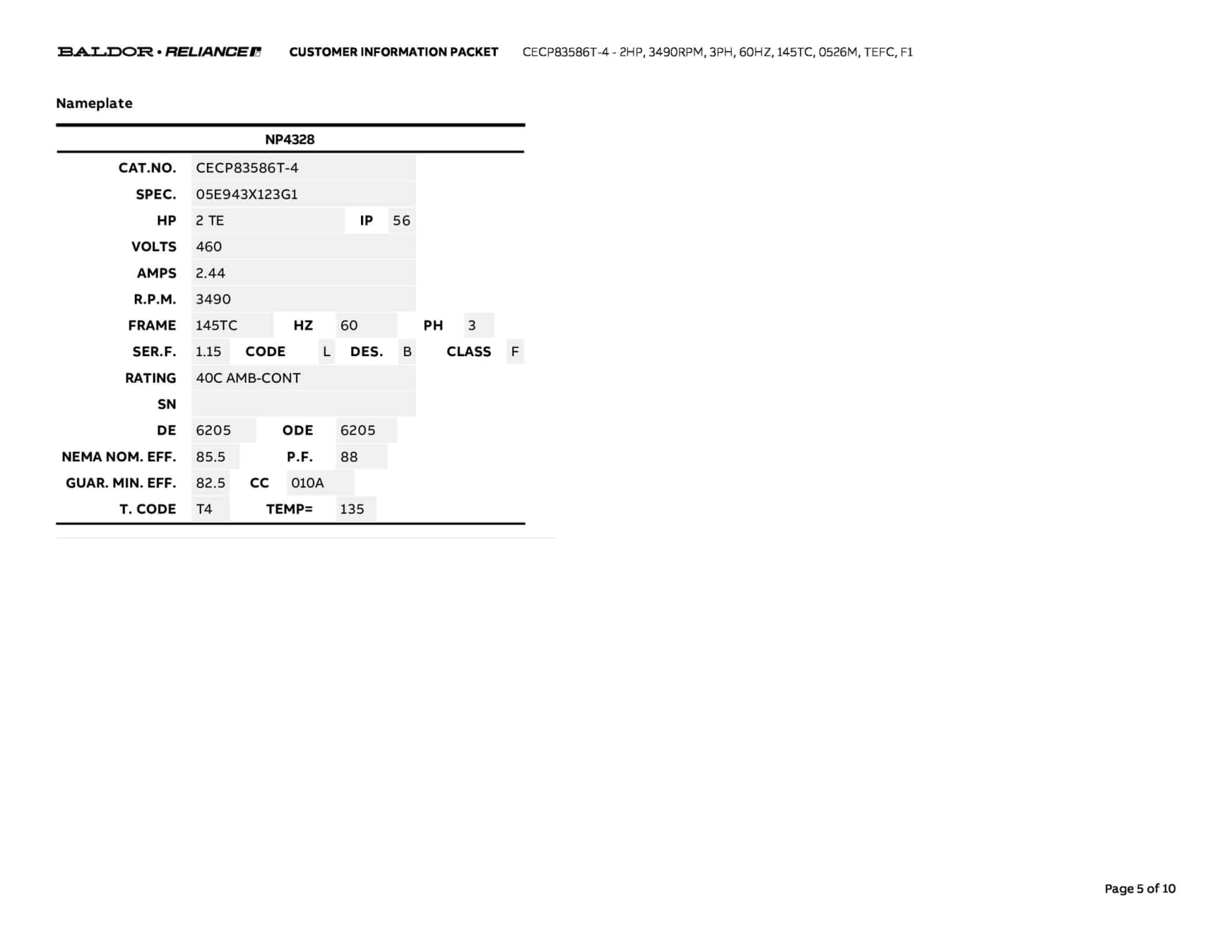 Baldor 2 HP, 3490 RPM, 3 Phase, 60 Hz, 145TC, 0526M, TEFC, F1 - CECP83586T-4 - Image 8