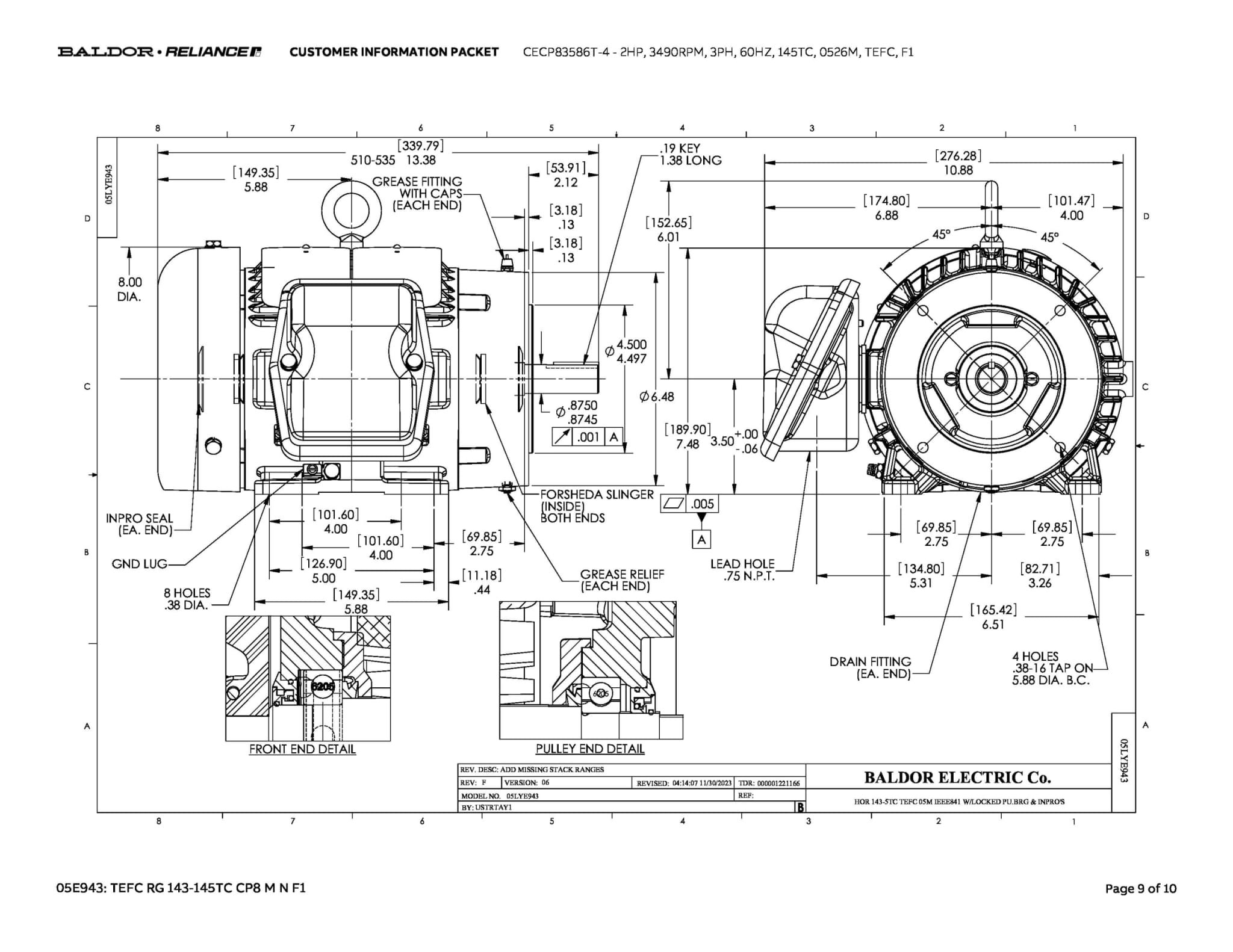 Baldor 2 HP, 3490 RPM, 3 Phase, 60 Hz, 145TC, 0526M, TEFC, F1 - CECP83586T-4 - Image 12