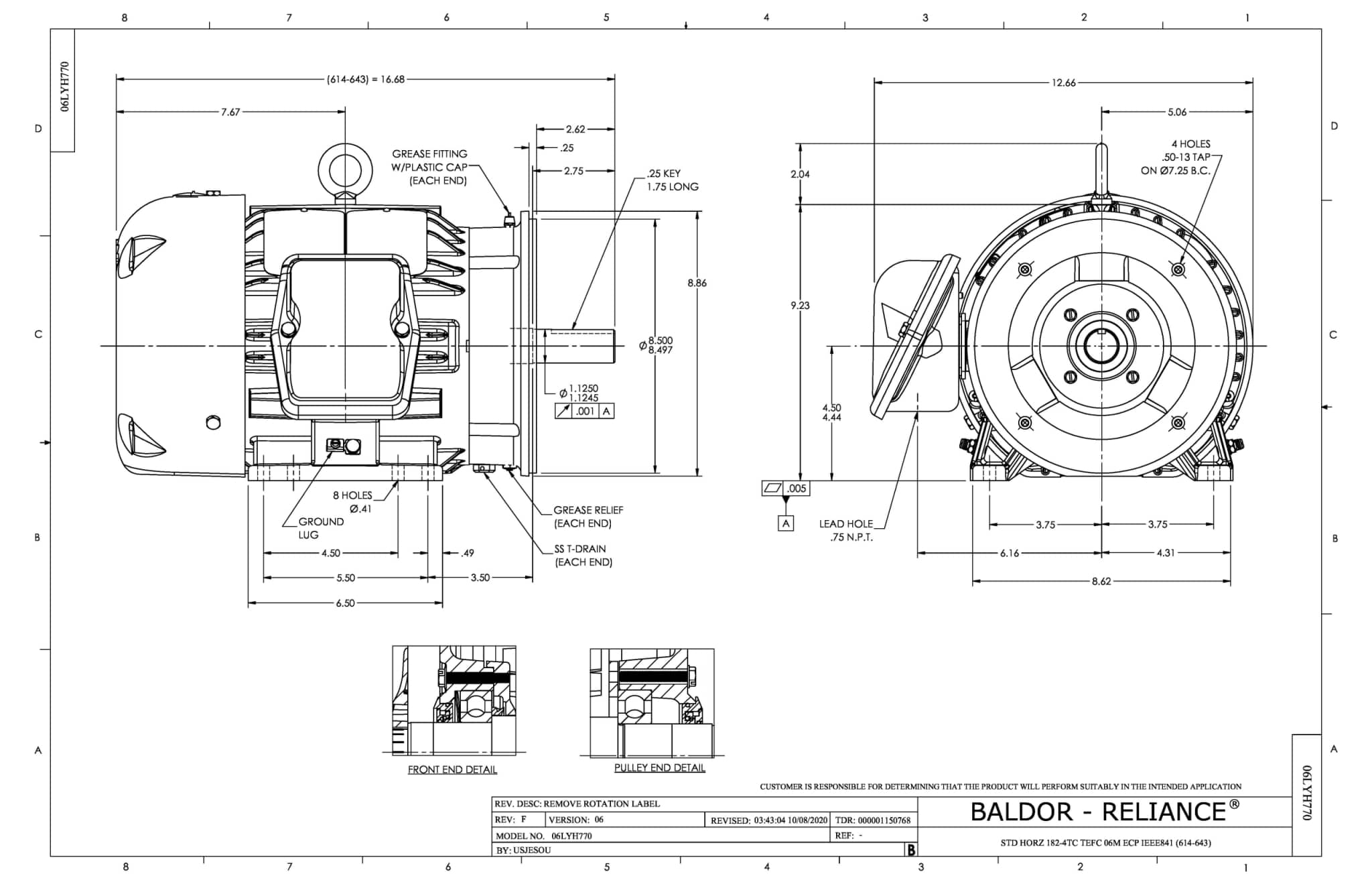 Baldor 5 HP, 3440 RPM, 3 Phase, 60 Hz, 184TC, 0643M, TEFC, F1 - CECP83663T-4 - Image 2