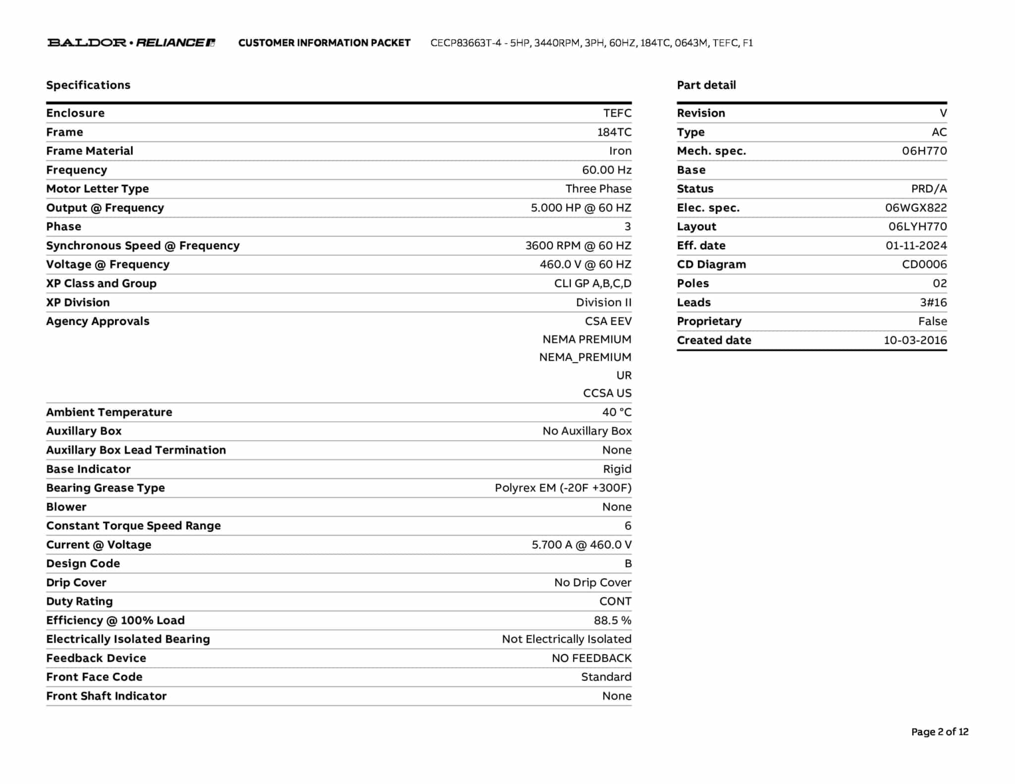 Baldor 5 HP, 3440 RPM, 3 Phase, 60 Hz, 184TC, 0643M, TEFC, F1 - CECP83663T-4 - Image 5