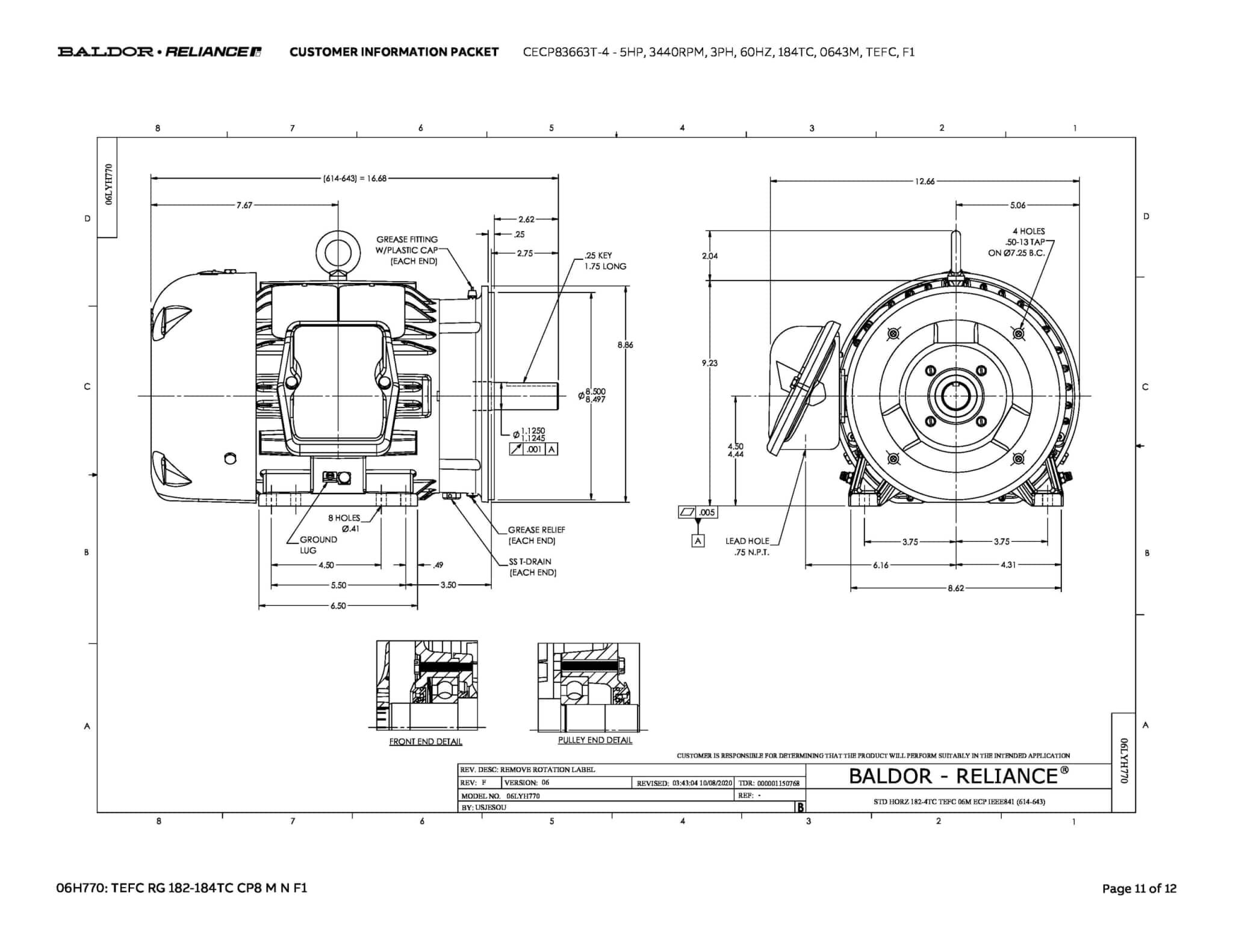 Baldor 5 HP, 3440 RPM, 3 Phase, 60 Hz, 184TC, 0643M, TEFC, F1 - CECP83663T-4 - Image 14