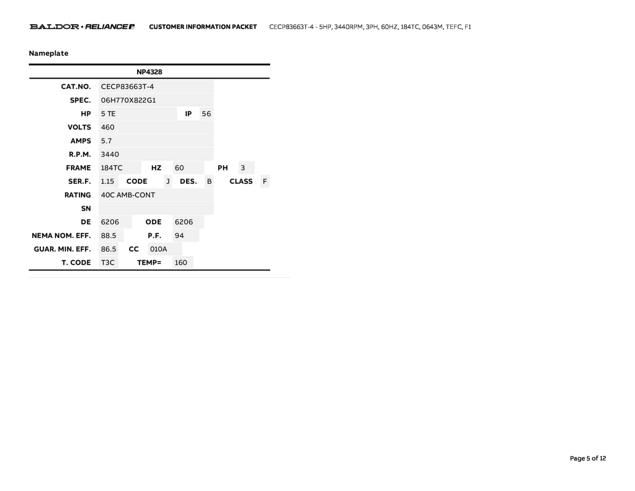 Baldor 5 HP, 3440 RPM, 3 Phase, 60 Hz, 184TC, 0643M, TEFC, F1 - CECP83663T-4 - Image 8
