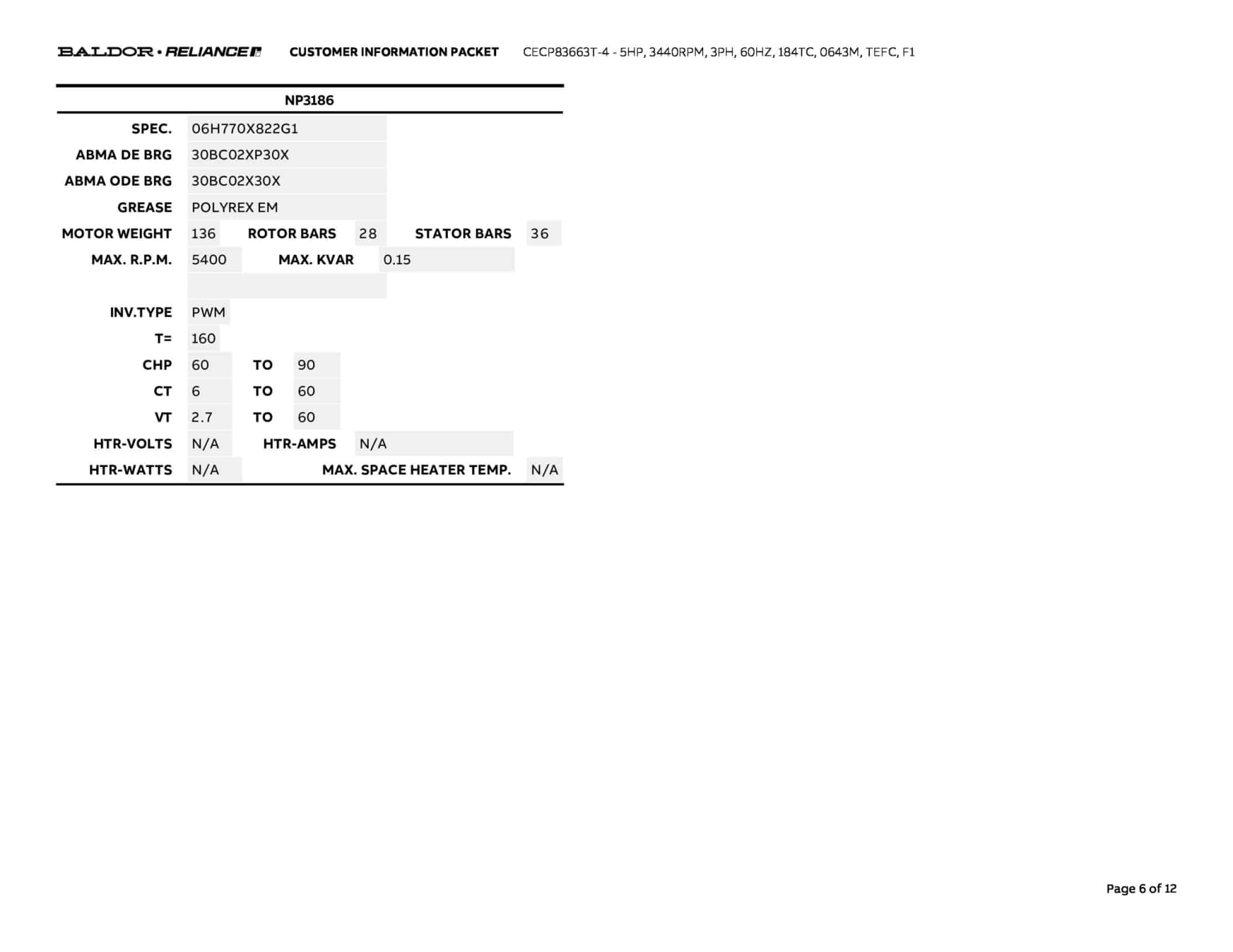 Baldor 5 HP, 3440 RPM, 3 Phase, 60 Hz, 184TC, 0643M, TEFC, F1 - CECP83663T-4 - Image 9