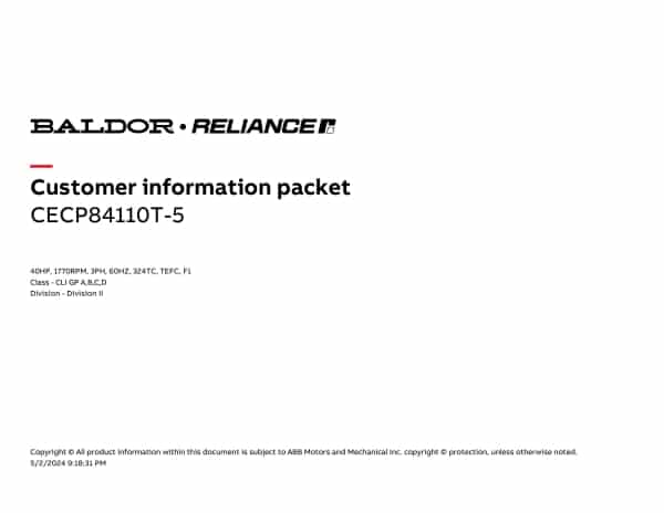 Baldor 40 HP, 1770 RPM, 3 Phase, 60 Hz, 324TC, TEFC, F1 - CECP84110T-5 (575 VAC Only) - Image 4