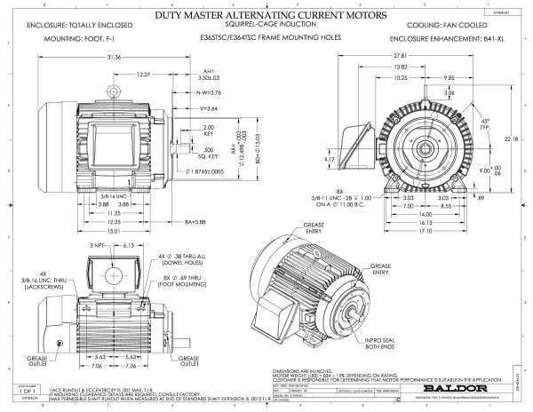 Baldor 75 HP, 3555 RPM, 3 Phase, 60 Hz, 365TSC, A36068M, TEF - CECP84313T-4 - Image 2