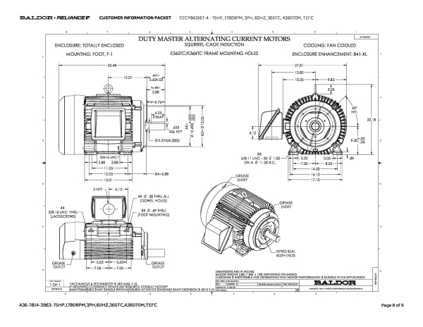 Baldor 75 HP, 1780 RPM, 3 Phase, 60 Hz, 365TC, A36070M, TEFC - CECP84316T-4 - Image 11