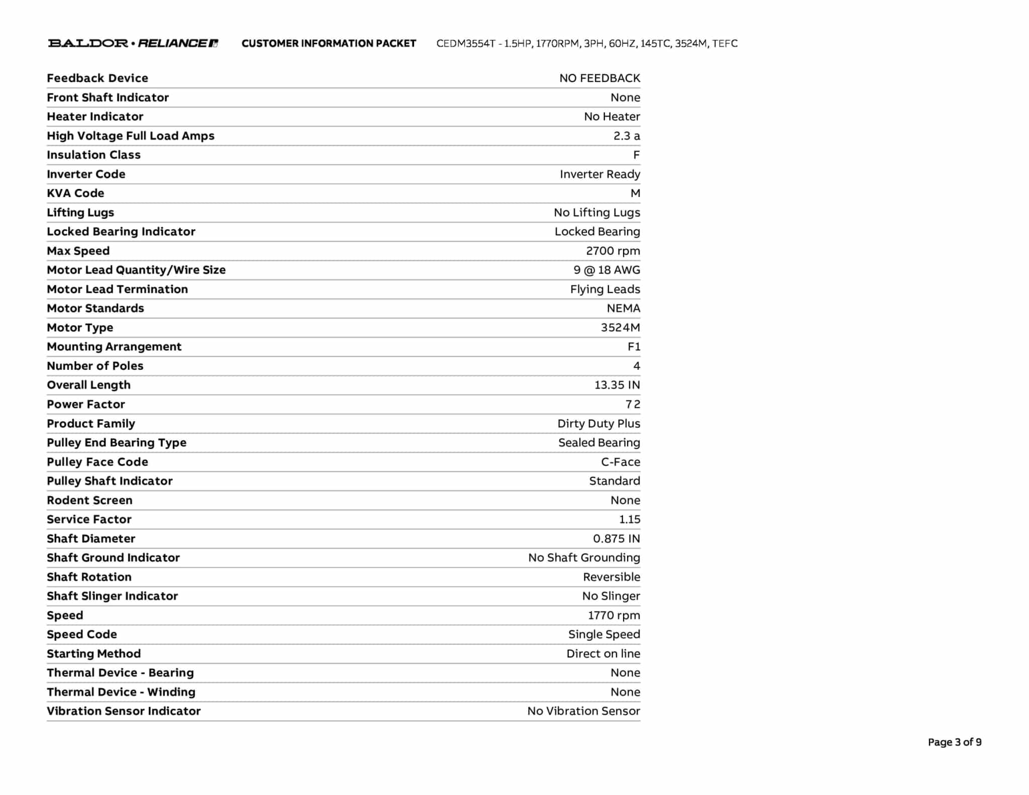 Baldor 1.5 HP, 1770 RPM, 3 Phase, 60 Hz, 145TC, 3524M, TEFC - CEDM3554T - Image 6
