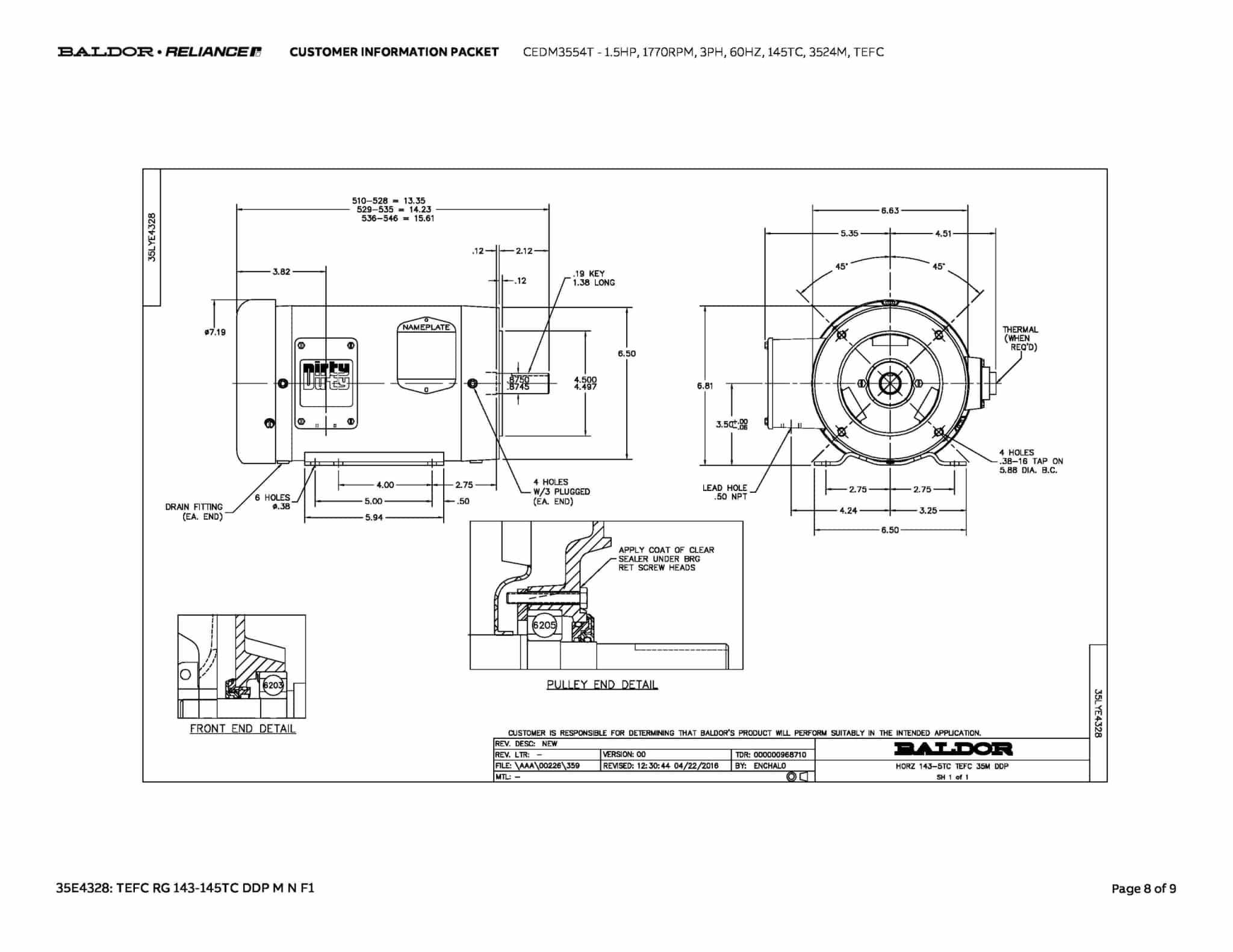 Baldor 1.5 HP, 1770 RPM, 3 Phase, 60 Hz, 145TC, 3524M, TEFC - CEDM3554T - Image 11