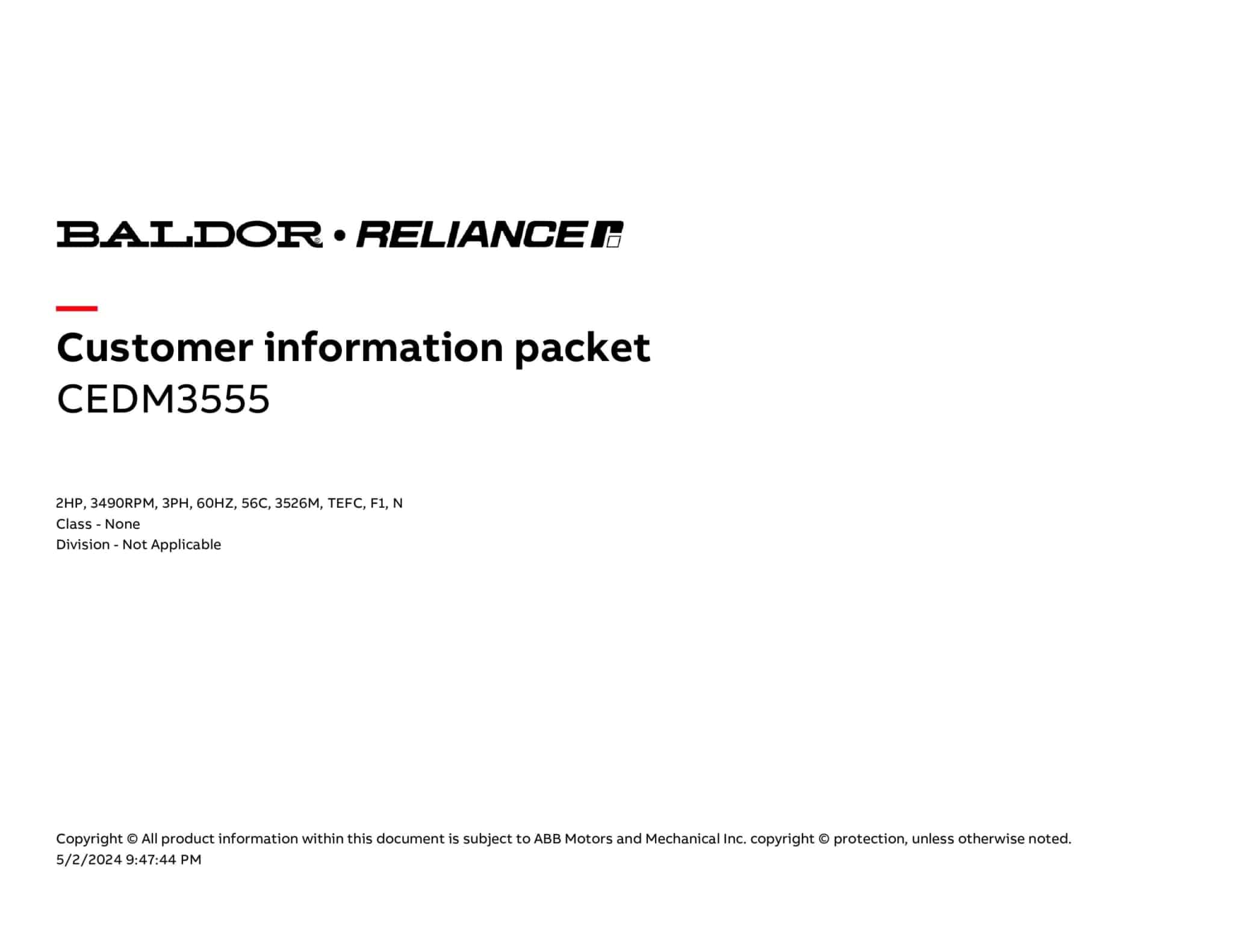 Baldor 2 HP, 3490 RPM, 3 Phase, 60 Hz, 56C, 3526M, TEFC, F1, N - CEDM3555 - Image 4
