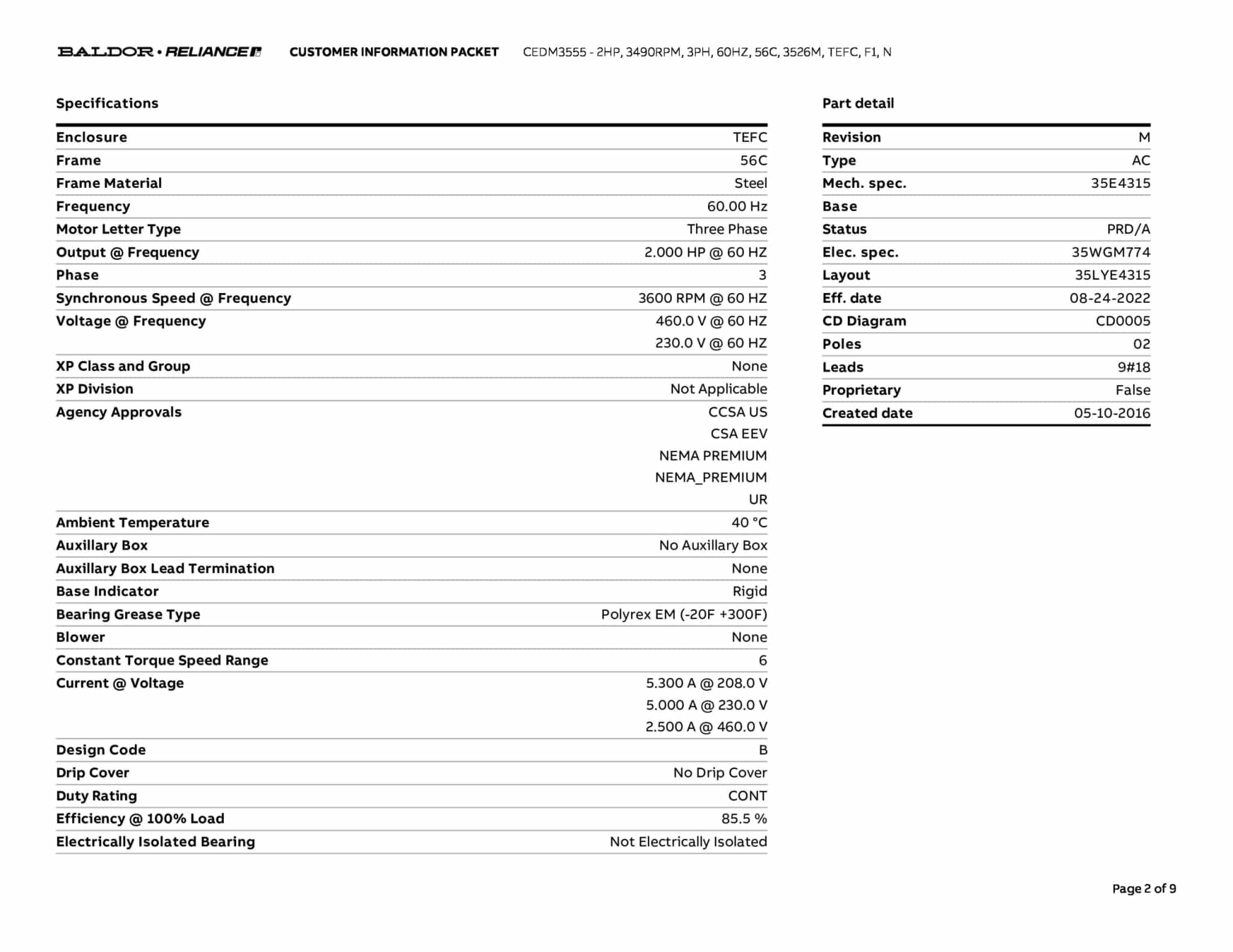 Baldor 2 HP, 3490 RPM, 3 Phase, 60 Hz, 56C, 3526M, TEFC, F1, N - CEDM3555 - Image 5