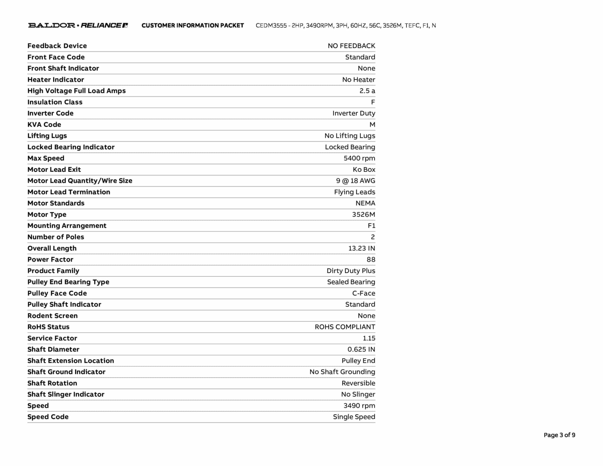 Baldor 2 HP, 3490 RPM, 3 Phase, 60 Hz, 56C, 3526M, TEFC, F1, N - CEDM3555 - Image 6