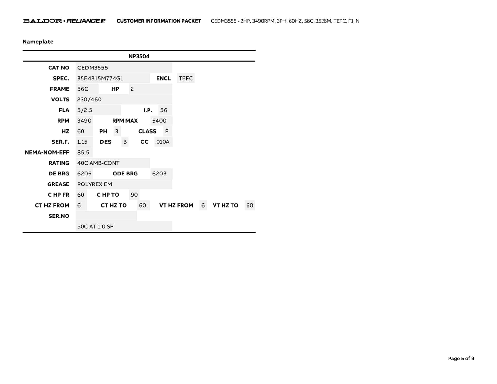 Baldor 2 HP, 3490 RPM, 3 Phase, 60 Hz, 56C, 3526M, TEFC, F1, N - CEDM3555 - Image 8