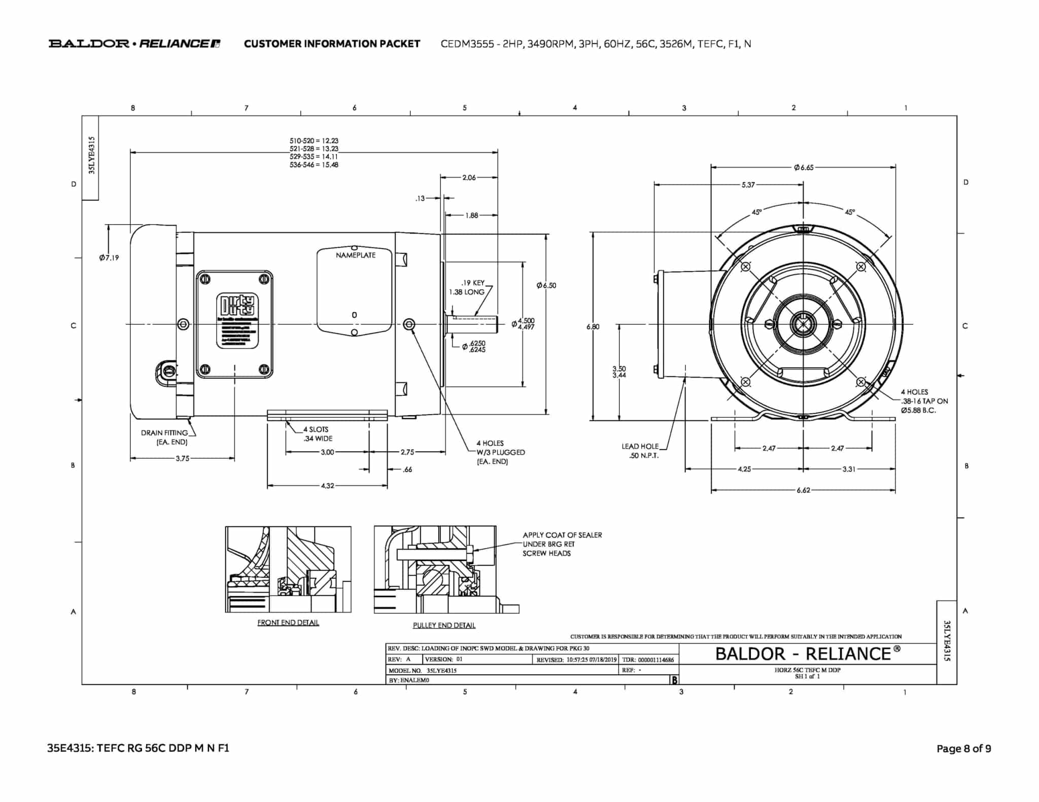 Baldor 2 HP, 3490 RPM, 3 Phase, 60 Hz, 56C, 3526M, TEFC, F1, N - CEDM3555 - Image 11