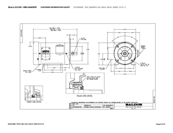 Baldor 3 HP, 3450 RPM, 3 Phase, 60 Hz, 145TC, 3532M, TEFC, F1 - CEDM3559T - Image 11
