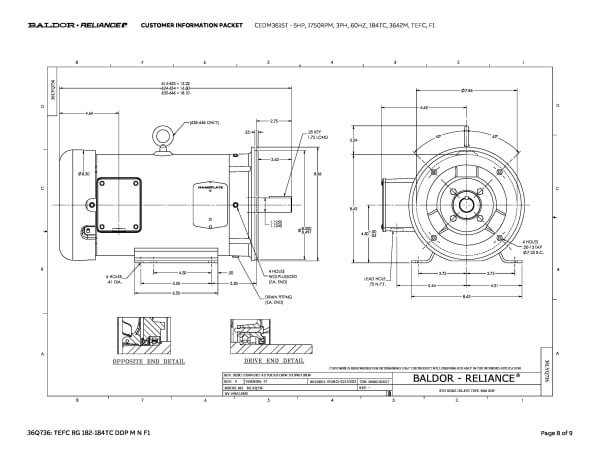 Baldor 5 HP, 1750 RPM, 3 Phase, 60 Hz, 184TC, 3642M, TEFC, F1 - CEDM3615T - Image 11