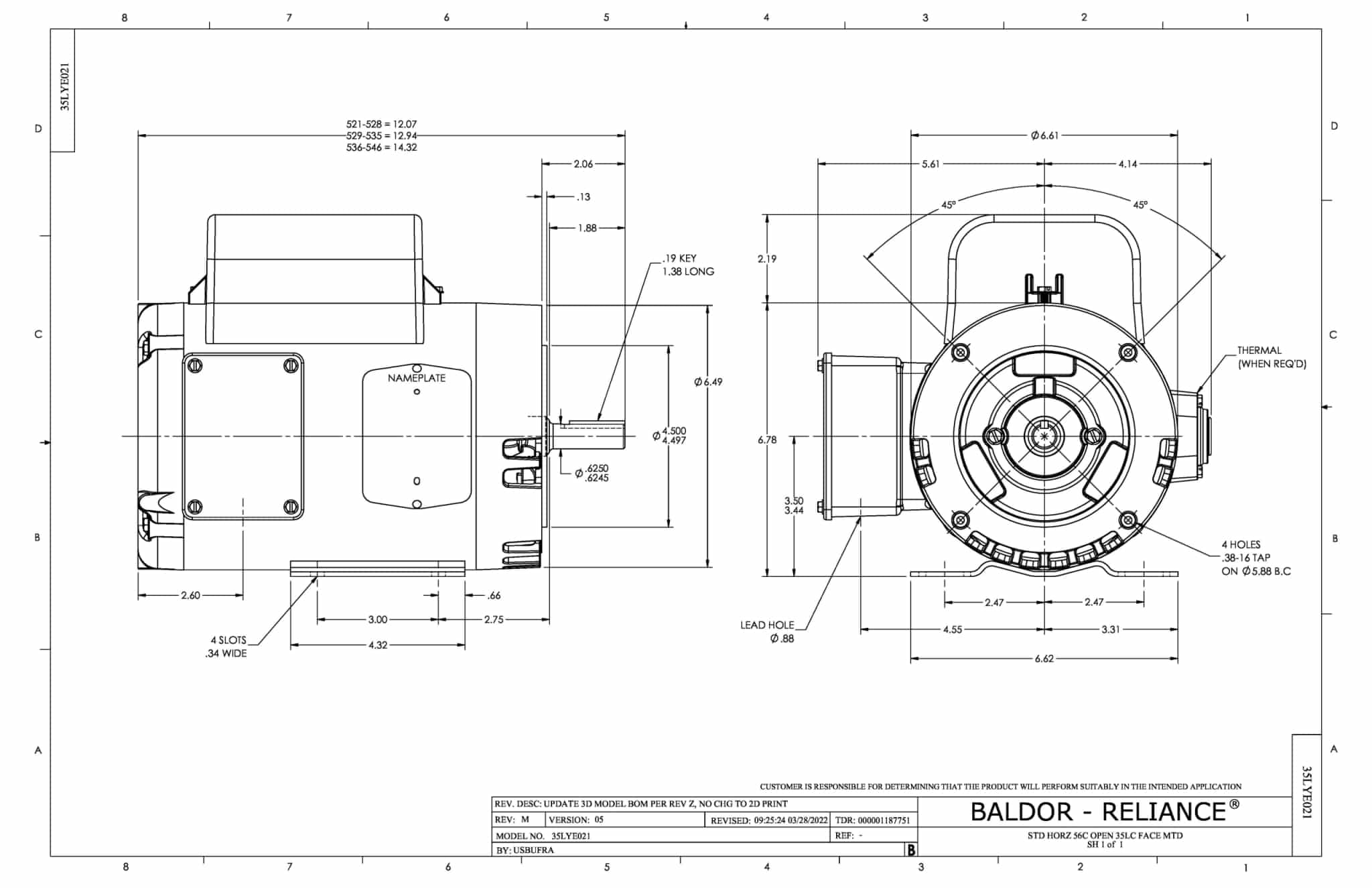Baldor 1 HP, 1750 RPM, 1 Phase, 60 Hz, 56C, 3528LC, OPEN, F1 - CEL11310 - Image 2