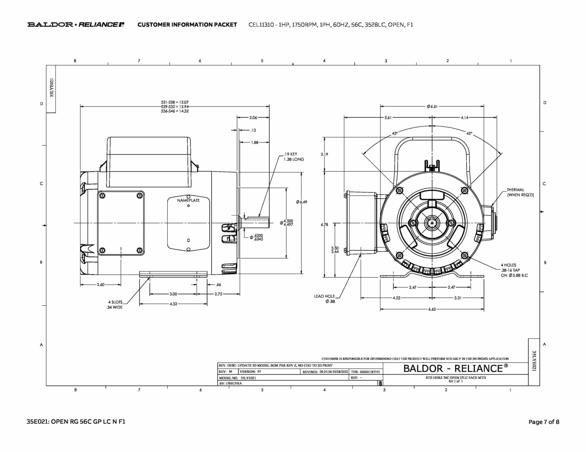 Baldor 1 HP, 1750 RPM, 1 Phase, 60 Hz, 56C, 3528LC, OPEN, F1 - CEL11310 - Image 10