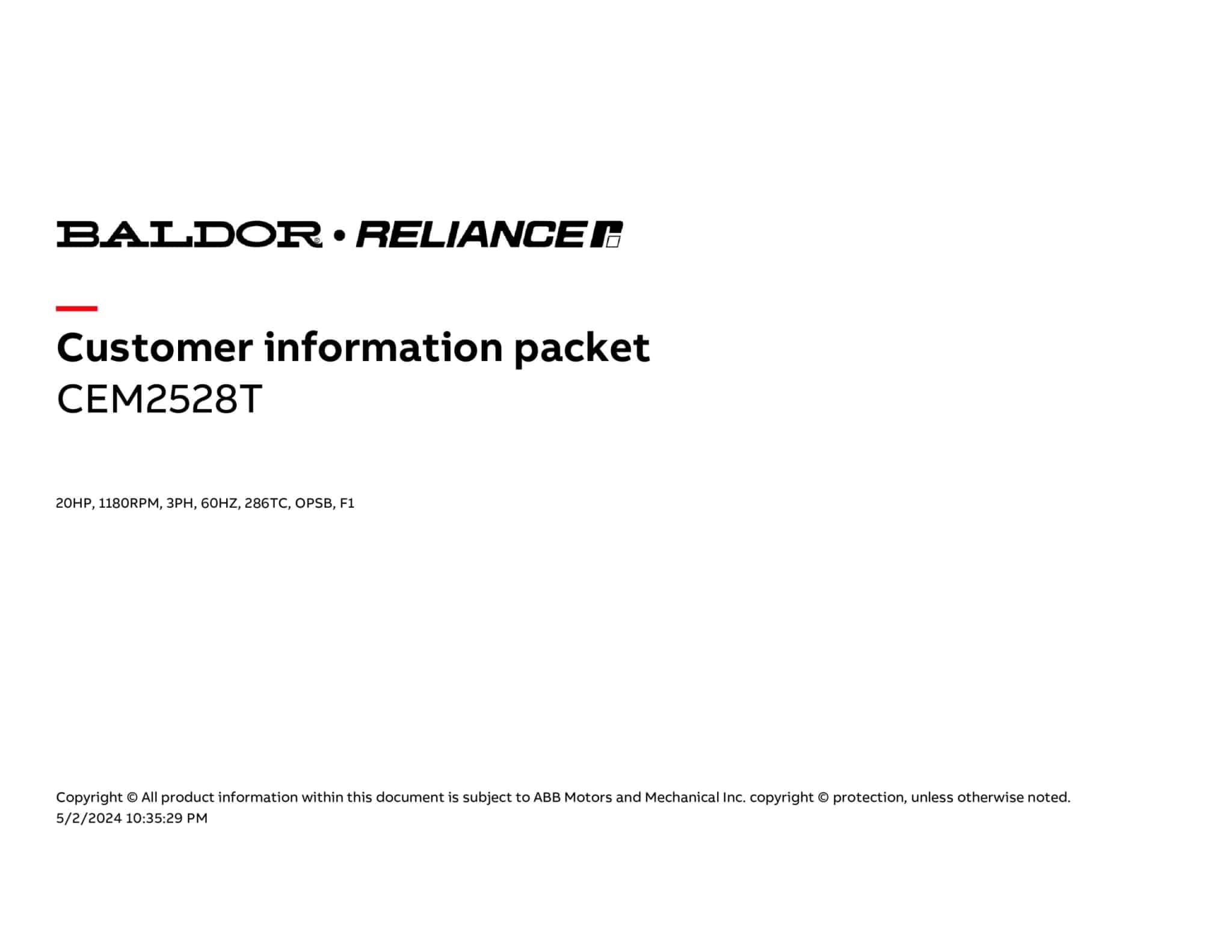 Baldor 20 HP, 1180 RPM, 3 Phase, 60 Hz, 286TC, OPSB, F1 - CEM2528T - Image 4