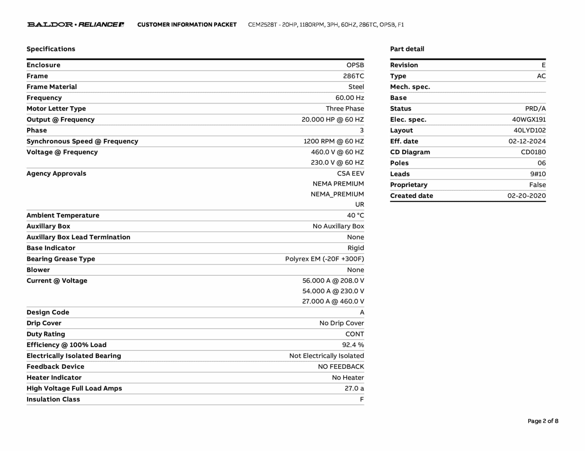 Baldor 20 HP, 1180 RPM, 3 Phase, 60 Hz, 286TC, OPSB, F1 - CEM2528T - Image 5