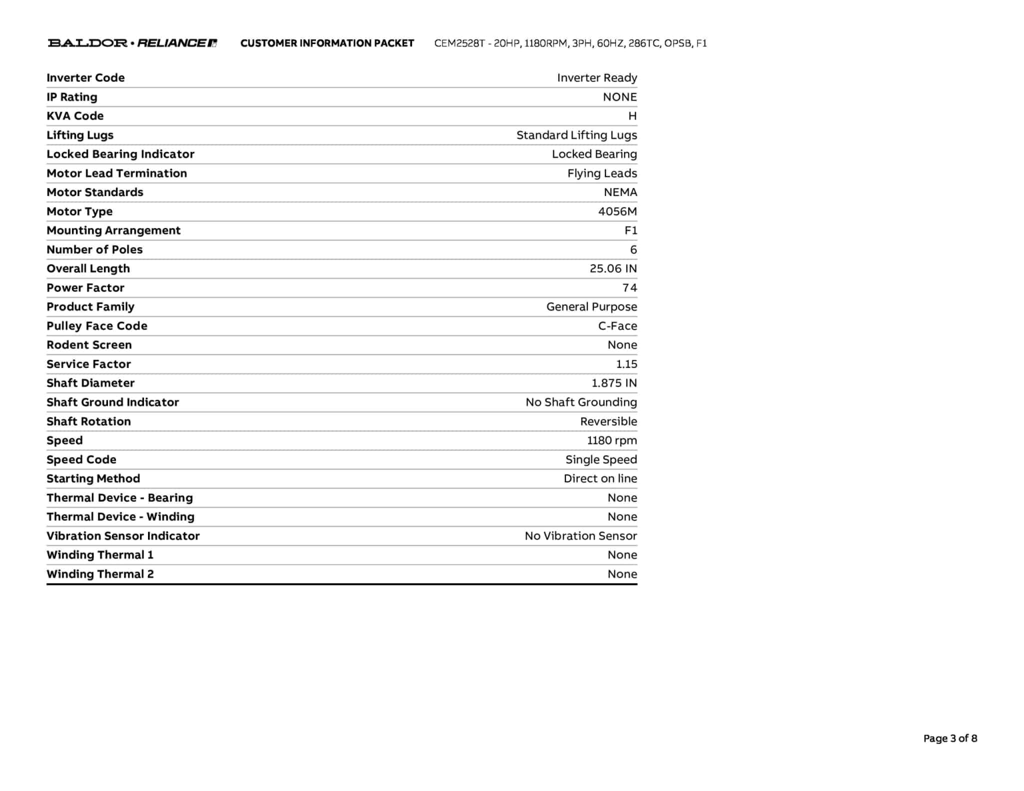 Baldor 20 HP, 1180 RPM, 3 Phase, 60 Hz, 286TC, OPSB, F1 - CEM2528T - Image 6