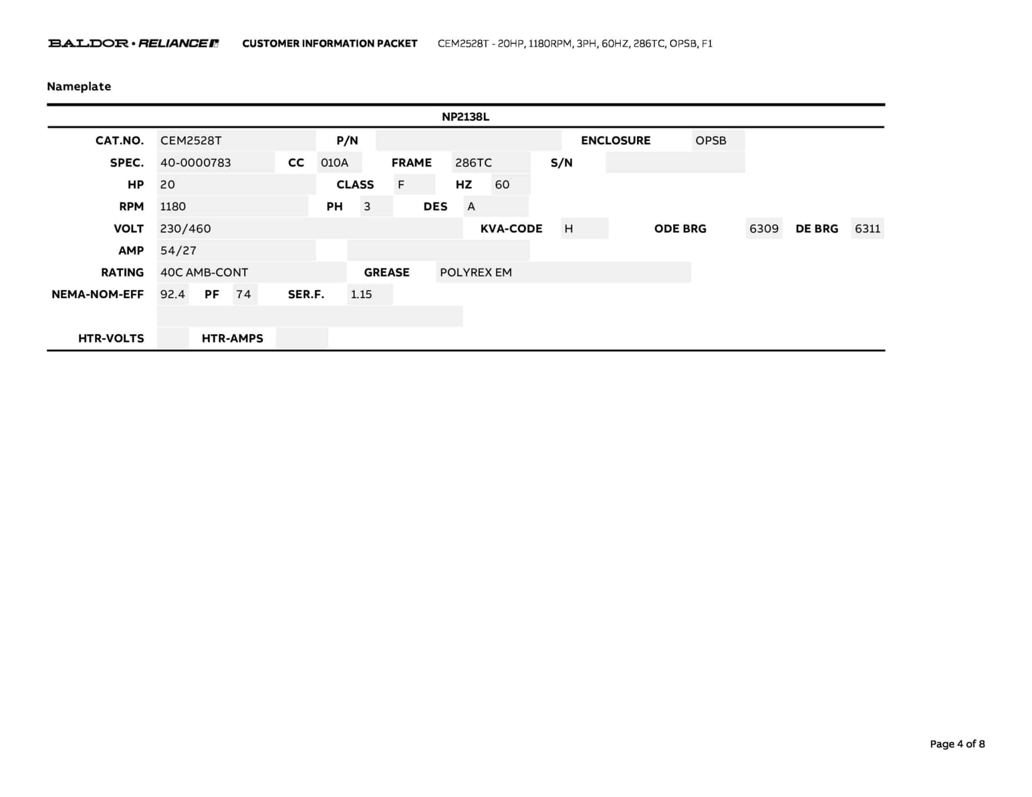 Baldor 20 HP, 1180 RPM, 3 Phase, 60 Hz, 286TC, OPSB, F1 - CEM2528T - Image 7