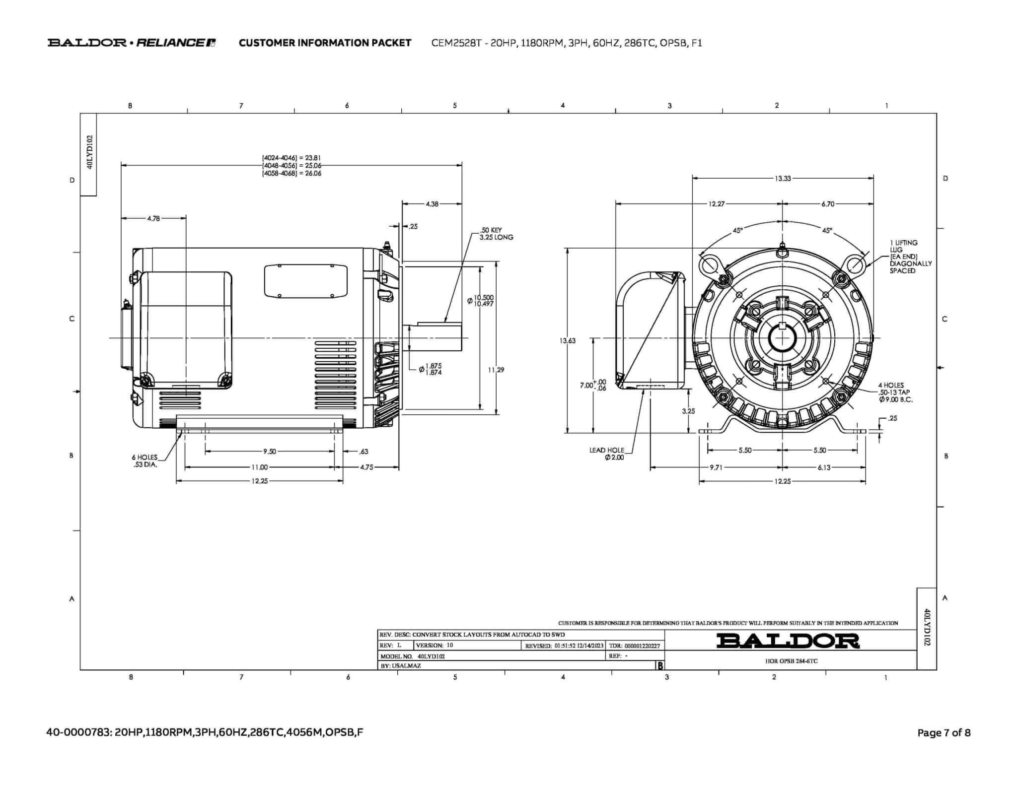Baldor 20 HP, 1180 RPM, 3 Phase, 60 Hz, 286TC, OPSB, F1 - CEM2528T - Image 10