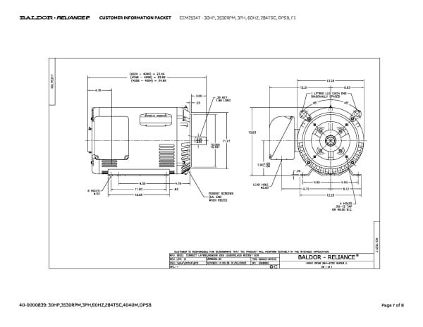 Baldor 30 HP, 3530 RPM, 3 Phase, 60 Hz, 284TSC, OPSB, F1 - CEM2534T - Image 10