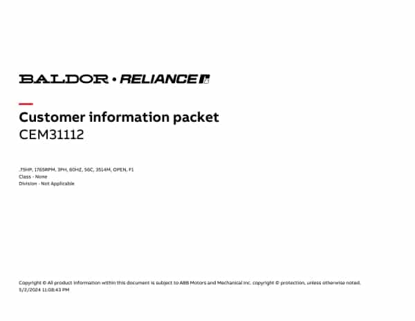Baldor .75 HP, 1765 RPM, 3 Phase, 60 Hz, 56C, 3514M, OPEN, F1 - CEM31112 - Image 4
