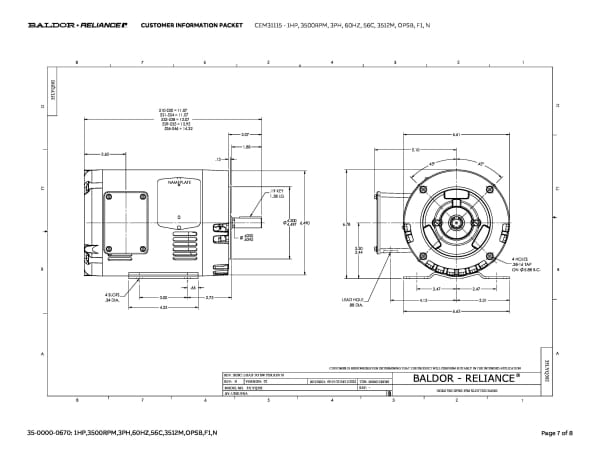 Baldor 1 HP, 3500 RPM, 3 Phase, 60 Hz, 56C, 3512M, OPSB, F1, N - CEM31115 - Image 10