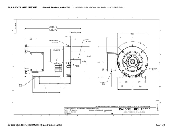 Baldor 1.5 HP, 3490 RPM, 3 Phase, 60 Hz, 143TC, 3518M, OPSB - CEM3120T - Image 10
