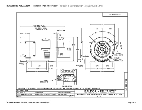 Baldor 1.5 HP, 3490 RPM, 3 Phase, 60 Hz, 143TC, 3518M, OPSB - CEM3120T-G - Image 10