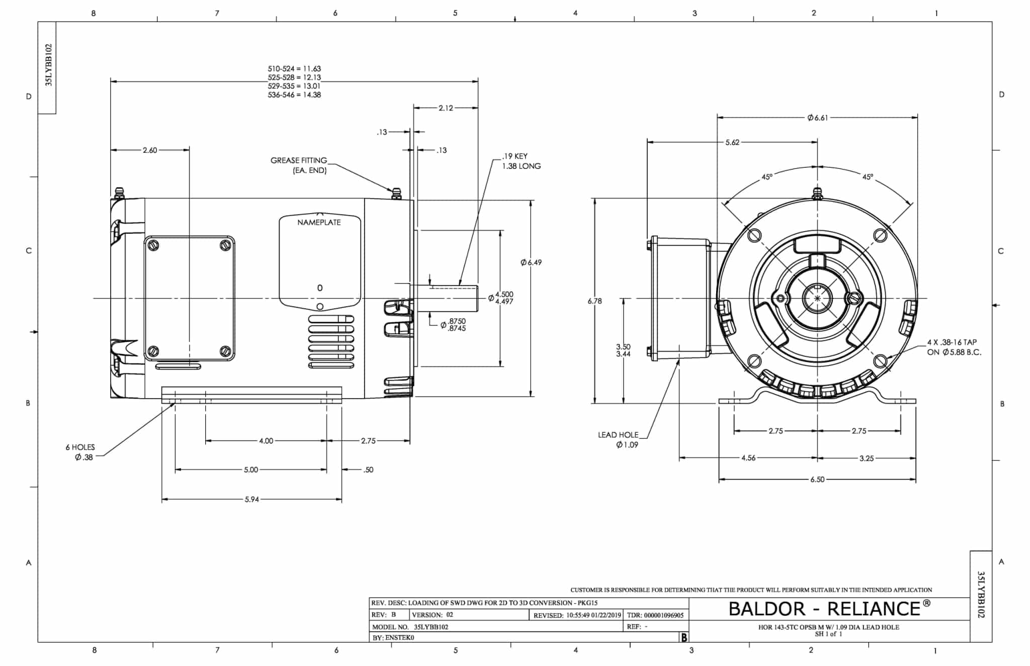 Baldor 1 HP, 1155 RPM, 3 Phase, 60 Hz, 145TC, OPSB, F1 - CEM3156T - Image 2