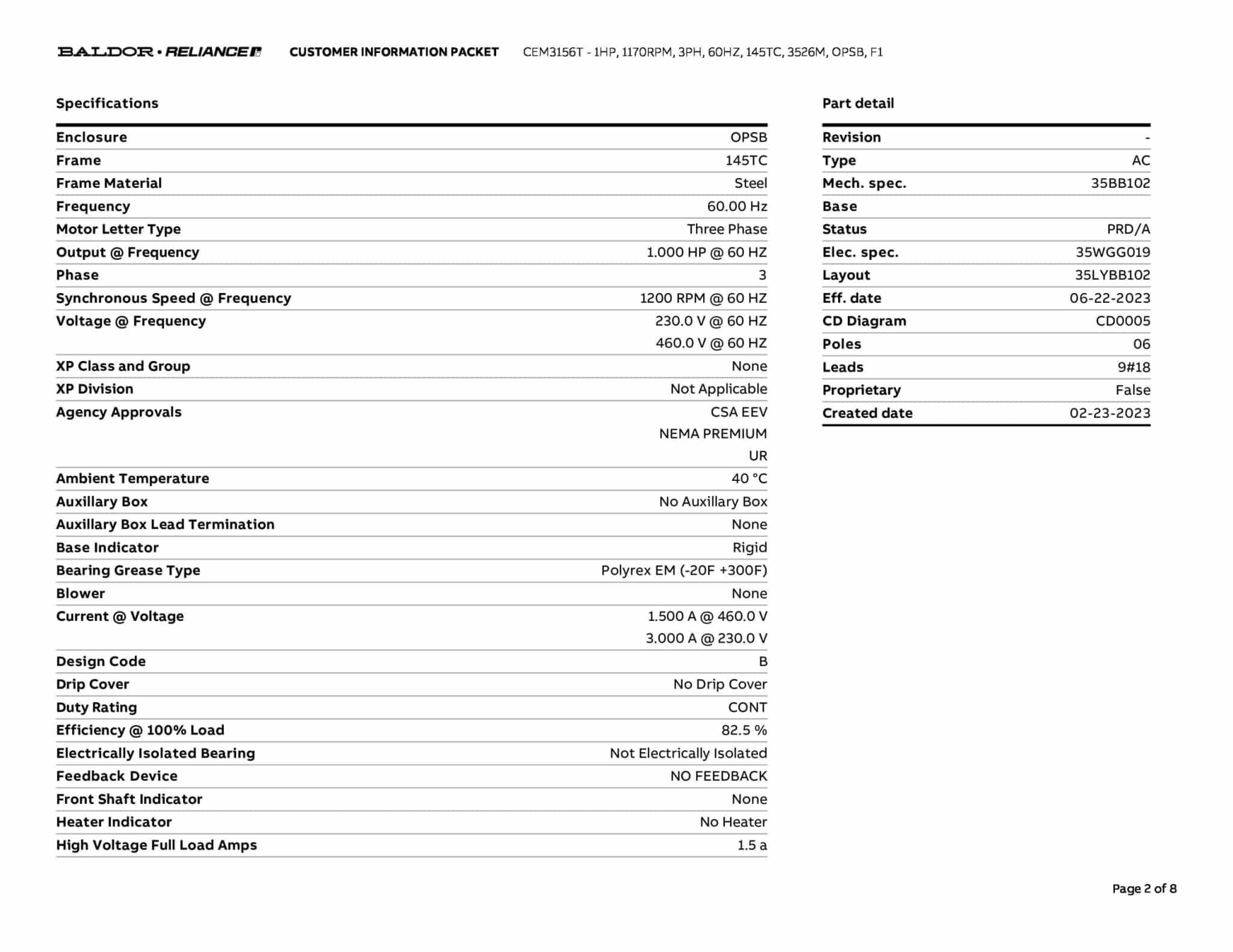 Baldor 1 HP, 1155 RPM, 3 Phase, 60 Hz, 145TC, OPSB, F1 - CEM3156T - Image 5
