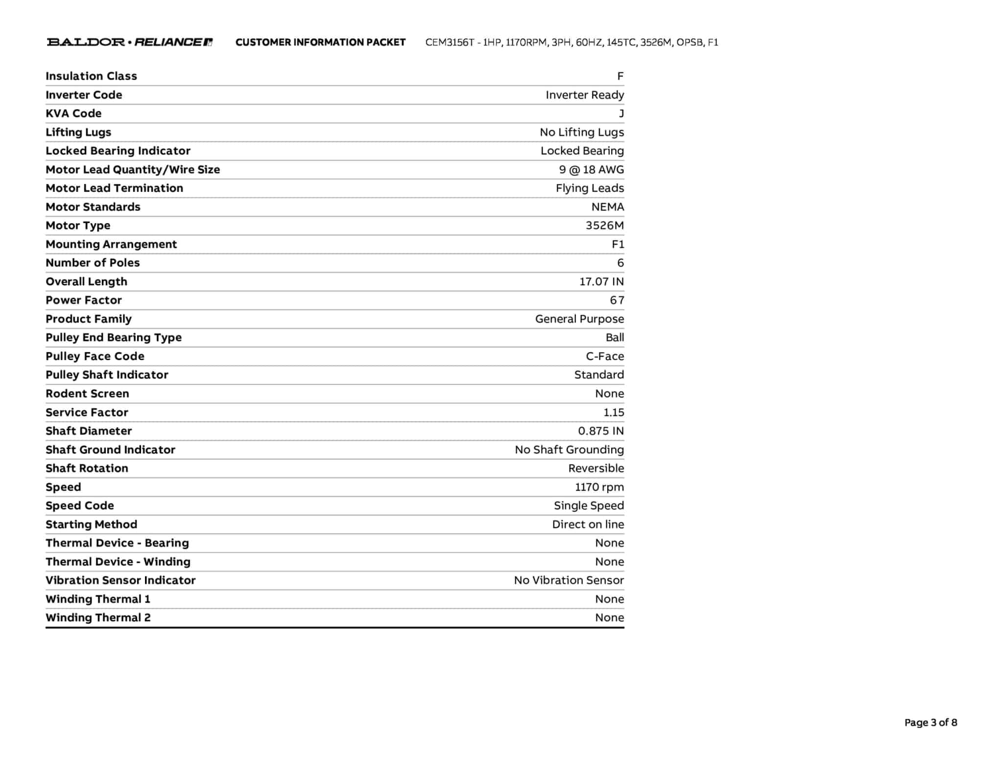 Baldor 1 HP, 1155 RPM, 3 Phase, 60 Hz, 145TC, OPSB, F1 - CEM3156T - Image 6