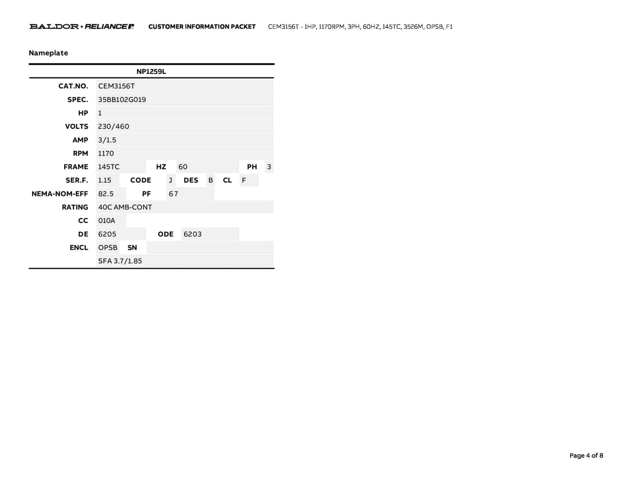 Baldor 1 HP, 1155 RPM, 3 Phase, 60 Hz, 145TC, OPSB, F1 - CEM3156T - Image 7