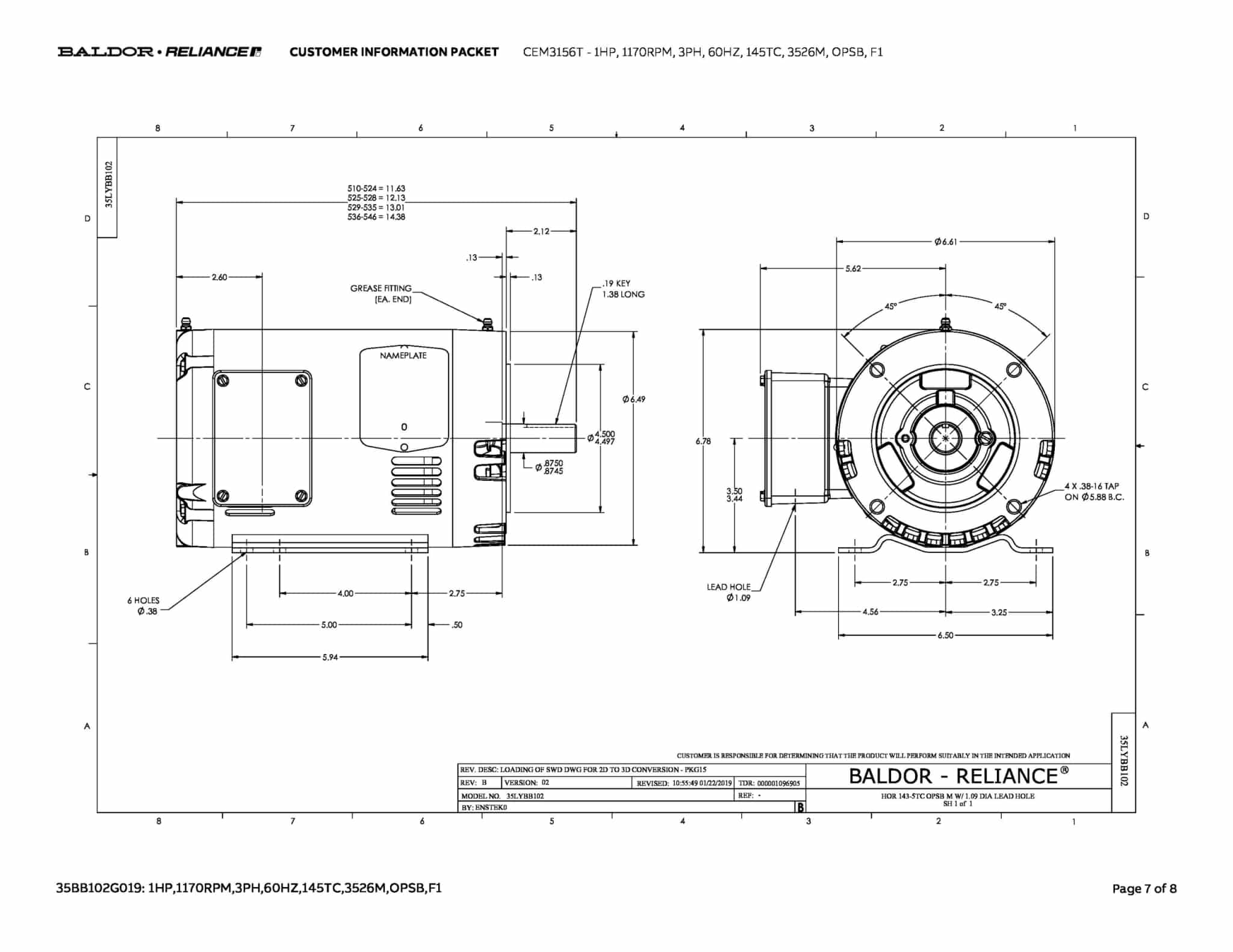 Baldor 1 HP, 1155 RPM, 3 Phase, 60 Hz, 145TC, OPSB, F1 - CEM3156T - Image 10