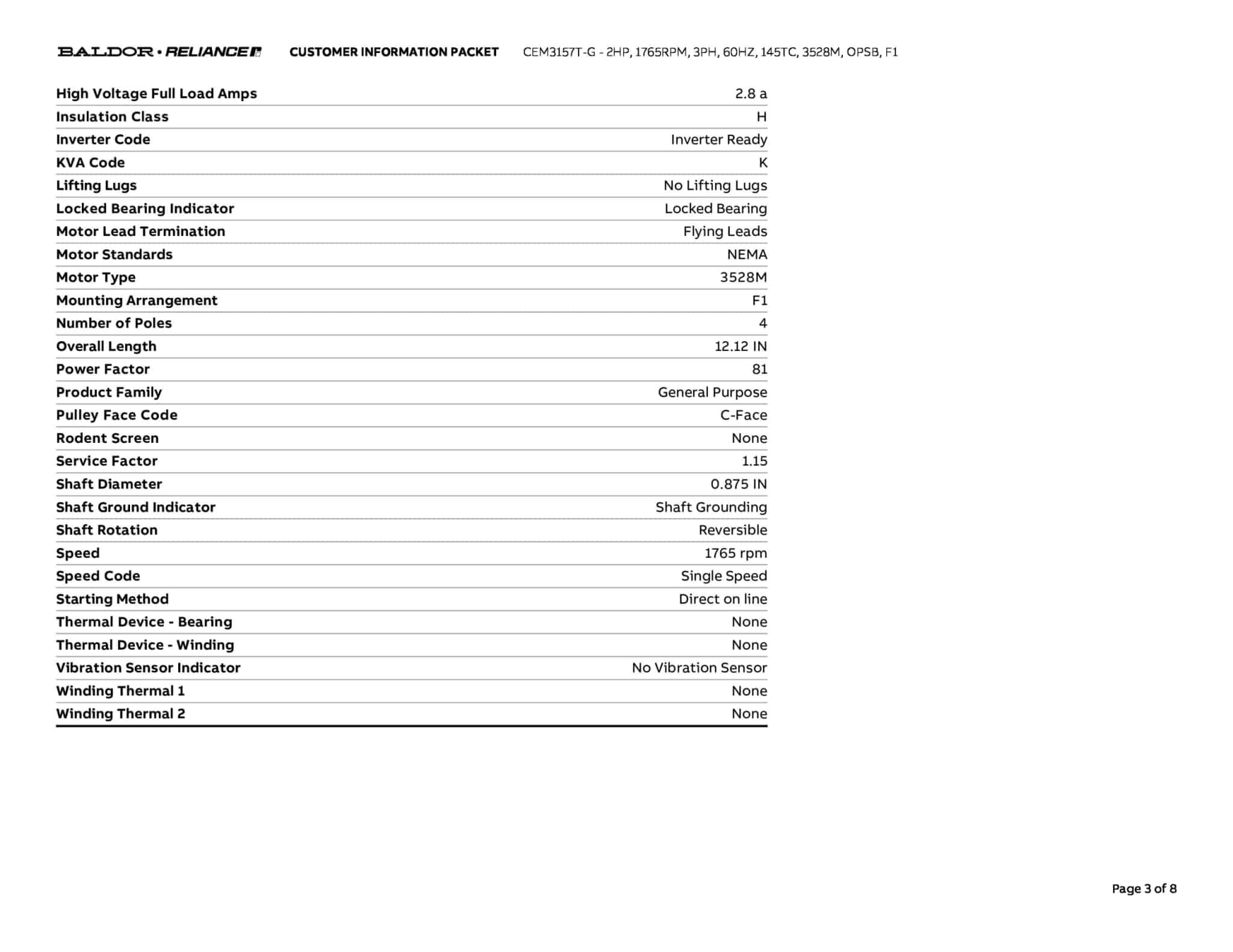 Baldor 2 HP, 1765 RPM, 3 Phase, 60 Hz, 145TC, 3528M, OPSB, F1 - CEM3157T-G - Image 6