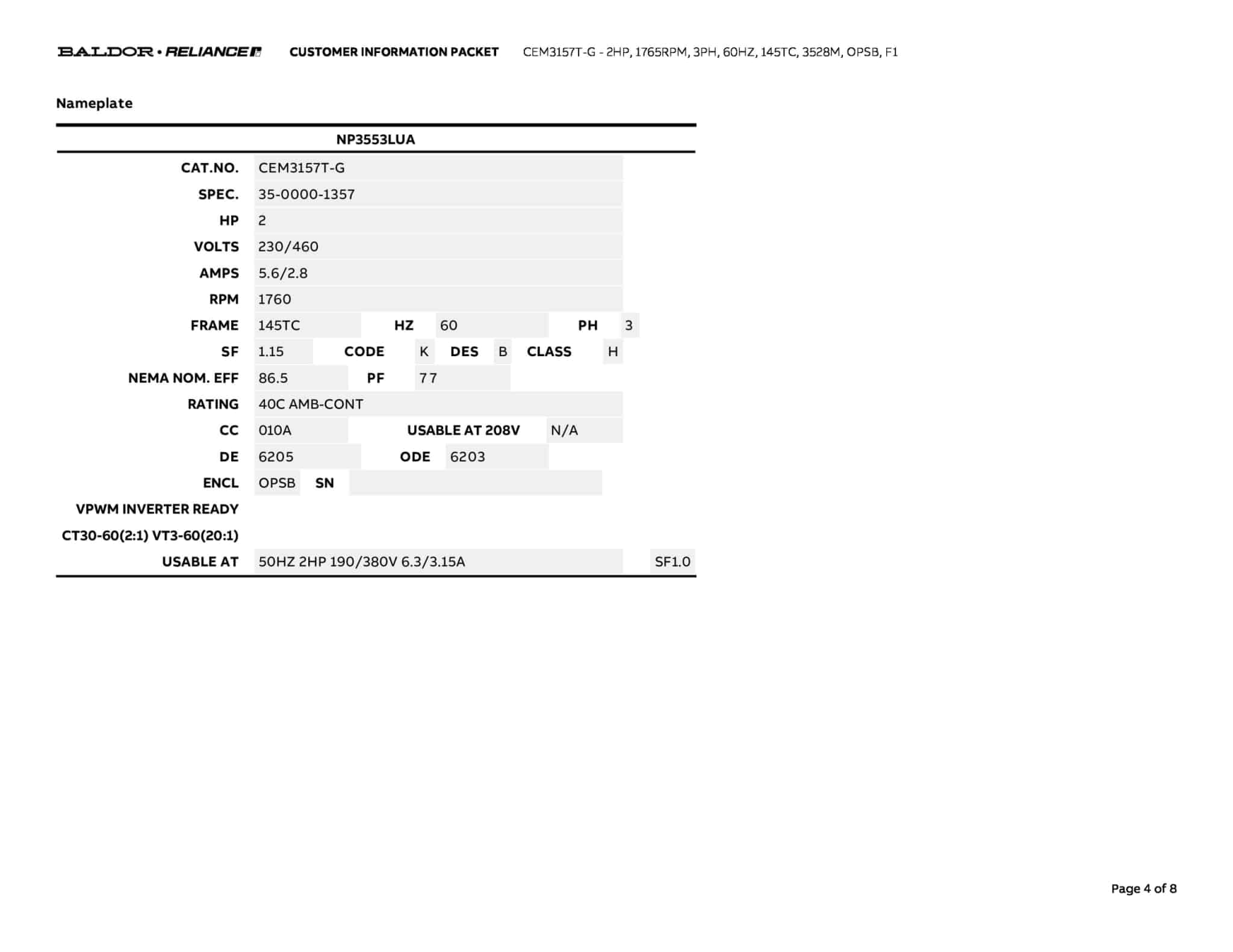 Baldor 2 HP, 1765 RPM, 3 Phase, 60 Hz, 145TC, 3528M, OPSB, F1 - CEM3157T-G - Image 7
