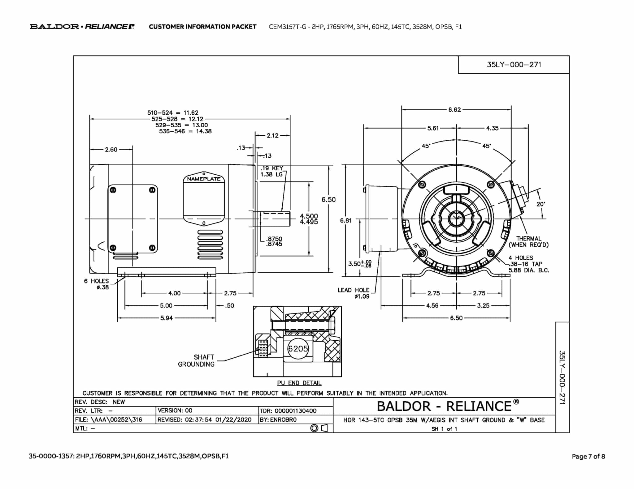Baldor 2 HP, 1765 RPM, 3 Phase, 60 Hz, 145TC, 3528M, OPSB, F1 - CEM3157T-G - Image 10