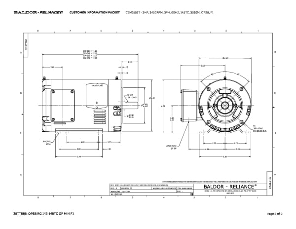 Baldor 3 HP, 3450 RPM, 3 Phase, 60 Hz, 145TC, 3530M, OPSB, F1 - CEM3158T - Image 11