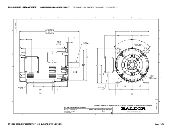 Baldor 5 HP, 1160 RPM, 3 Phase, 60 Hz, 215TC, OPSB, F1 - CEM3309T - Image 10
