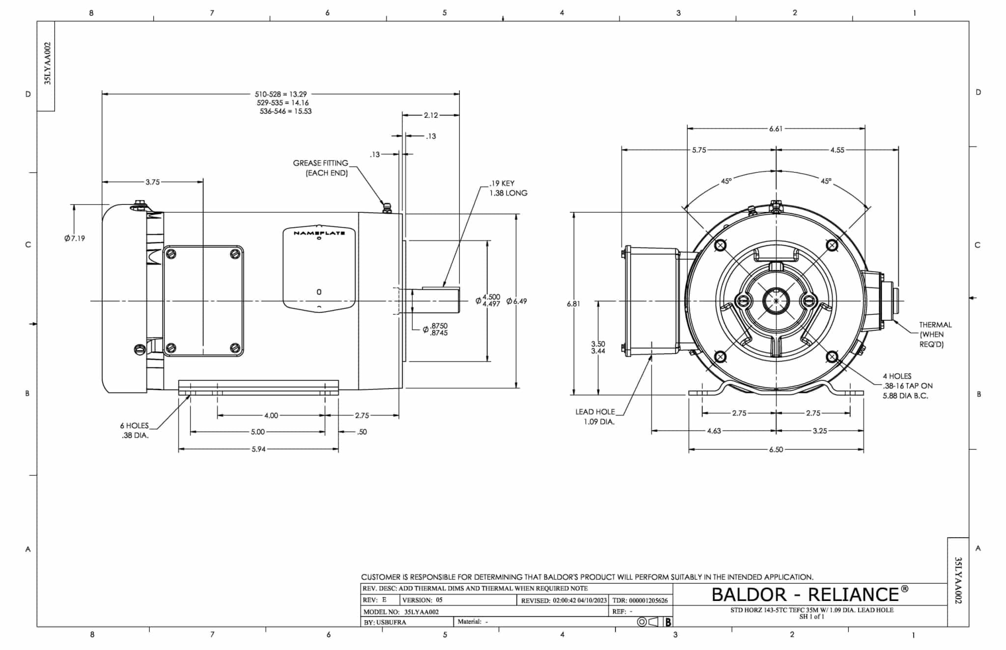Baldor 1 HP, 1774 RPM, 3 Phase, 60 Hz, 143TC, 3522M, TEFC, F1 - CEM3546T-5 (575 VAC Only) - Image 2