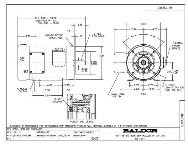 Baldor 1.5 HP, 3500 RPM, 3 Phase, 60 Hz, 143TC, TEFC, F1 - CEM3550T-G - Image 2